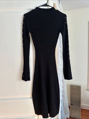Pearl-Trim Black Ribbed Long-Sleeve Knit Dress